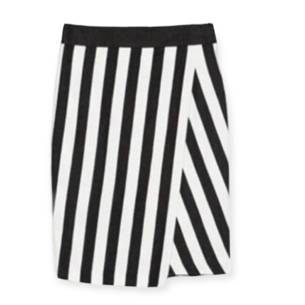 ZARA Striped Asymmetrical Pencil Skirt XS Black White High Waist Fitted Office